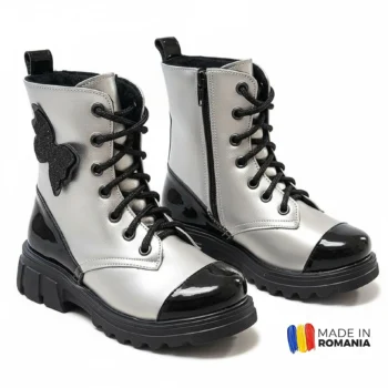 GHETE 616 FLUTURI ARGINTIU din piele naturală, îmblănite