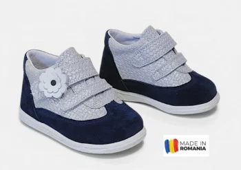 PANTOFI IVIA bleumarin argintiu cu floare , din PIELE NATURALA