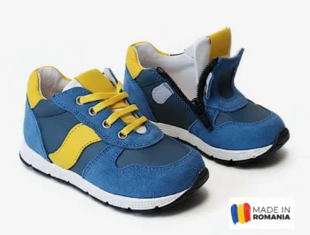 PANTOFI SPORT HUSI , bleumarin-galben , din PIELE NATURALA