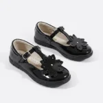 PANTOFI BALERINI 1351 , floare , negru lac , din PIELE NATURALA