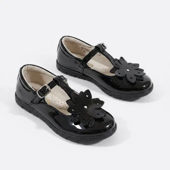 PANTOFI BALERINI 1351 , floare , negru lac , din PIELE NATURALA