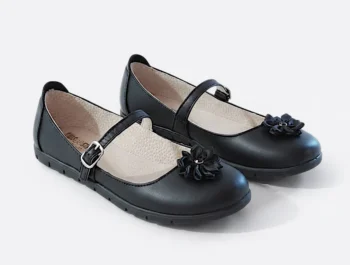 PANTOFI BALERINI 1804 , floare , negru , din PIELE NATURALĂ
