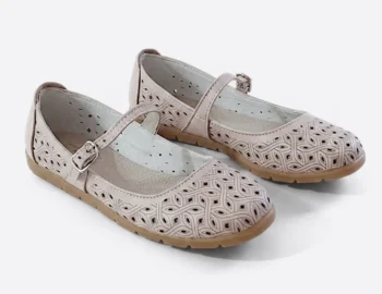 PANTOFI BALERINI 1804 , perforat , bej , din PIELE NATURALĂ