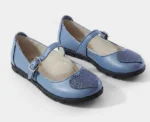 PANTOFI BALERINI 1804 , inimă , albastru sidef , din PIELE NATURALĂ